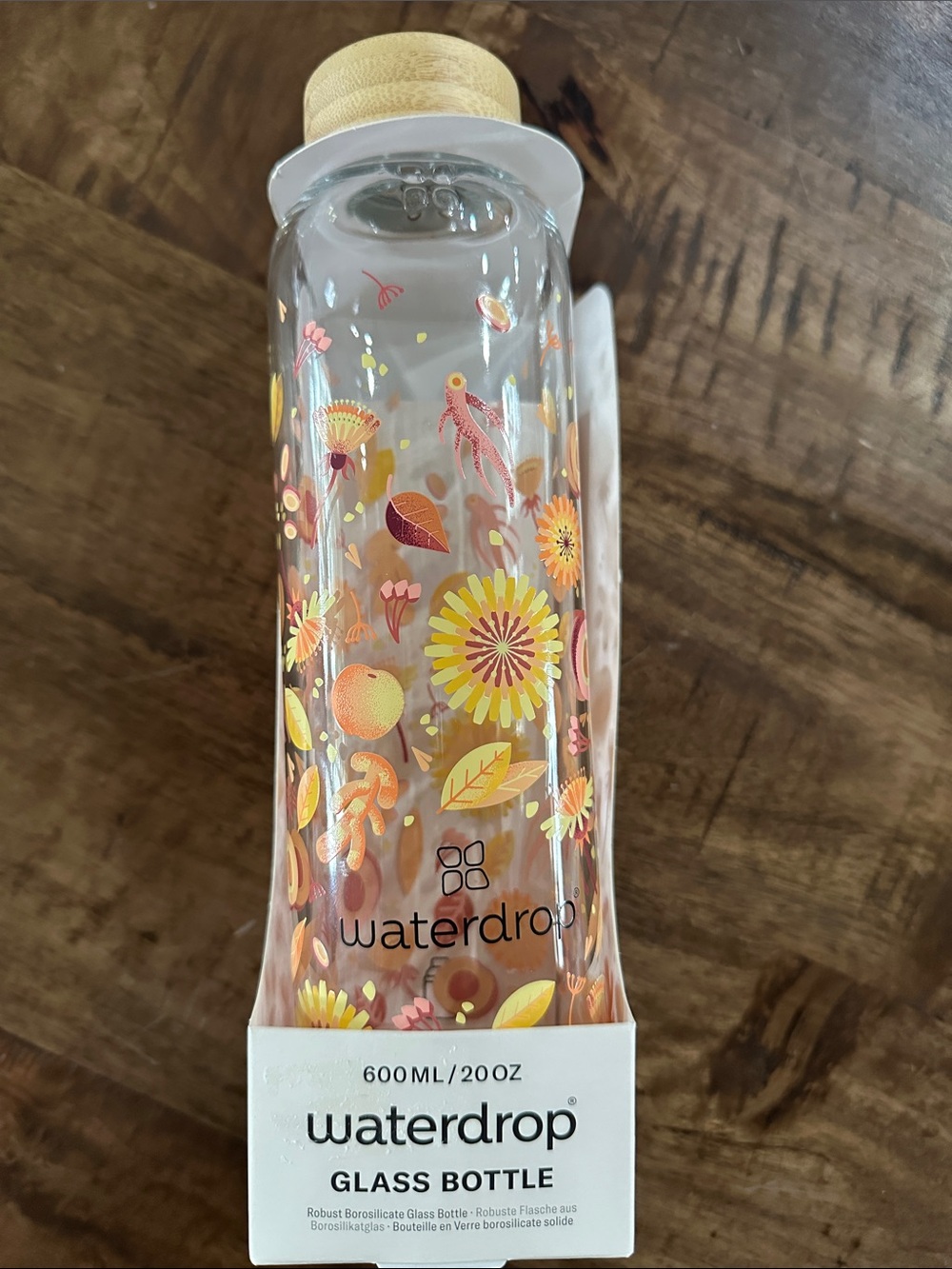 Waterdrop Microdrink Yellow Fruit Floral Glass Water Juice Bottle w/ Bamboo Lid